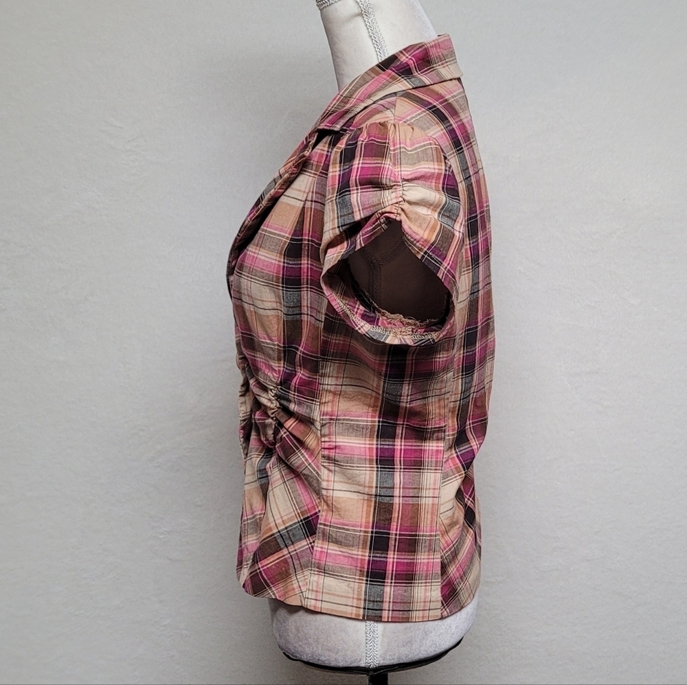 Rare Vintage 90s Rue21 Madras Plaid Stretchy Puff Sleeve Cropped Blazer Jacket - Picture 7 of 14